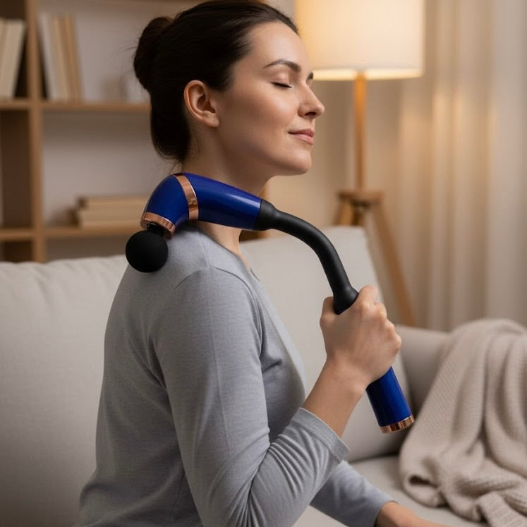 An ergonomic, long-handle electric massage gun designed for deep tissue relief in hard-to-reach areas like the neck, shoulders, and back. Features multiple speed settings and 4 interchangeable massage heads to target different muscle groups.