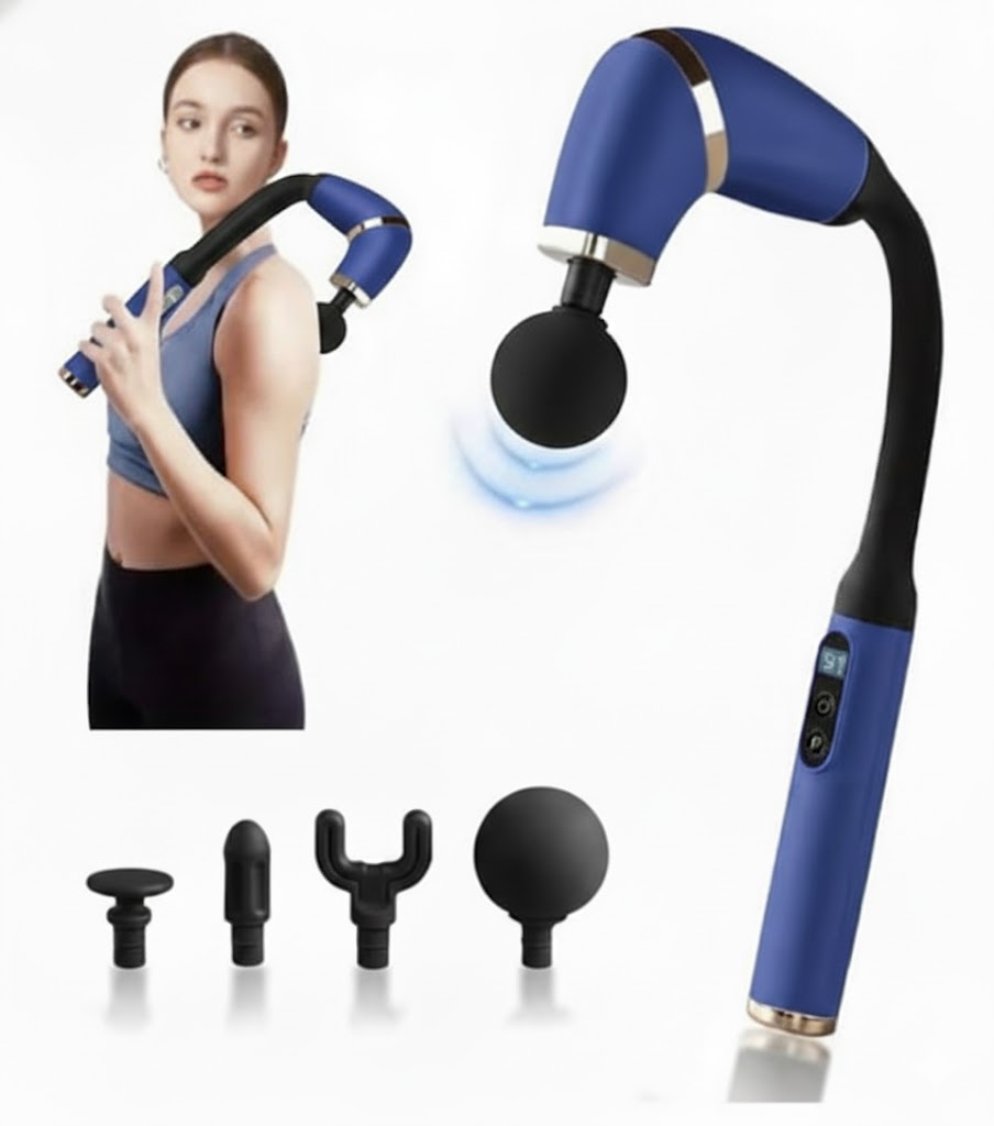 An ergonomic, long-handle electric massage gun designed for deep tissue relief in hard-to-reach areas like the neck, shoulders, and back. Features multiple speed settings and 4 interchangeable massage heads to target different muscle groups.