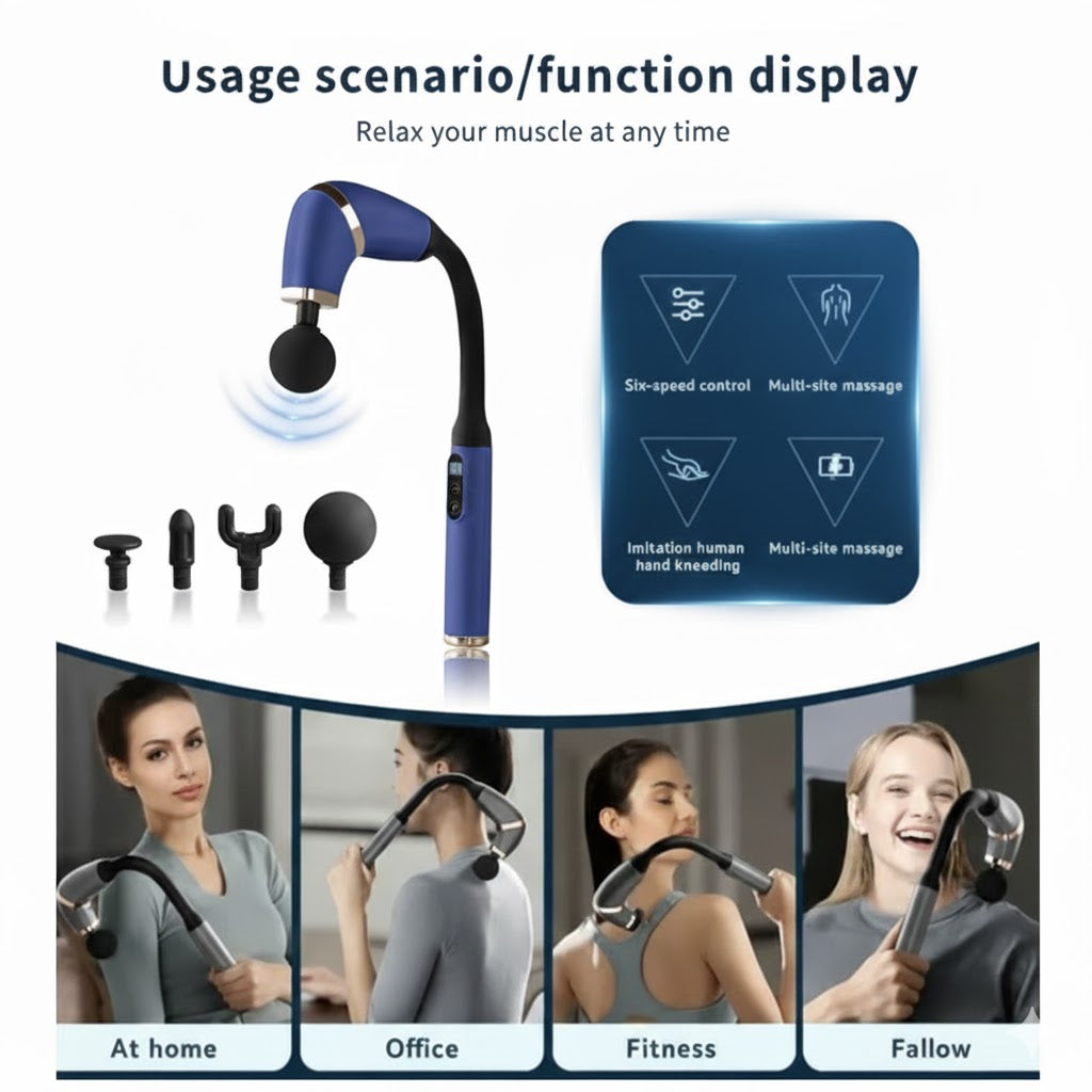 An ergonomic, long-handle electric massage gun designed for deep tissue relief in hard-to-reach areas like the neck, shoulders, and back. Features multiple speed settings and 4 interchangeable massage heads to target different muscle groups.