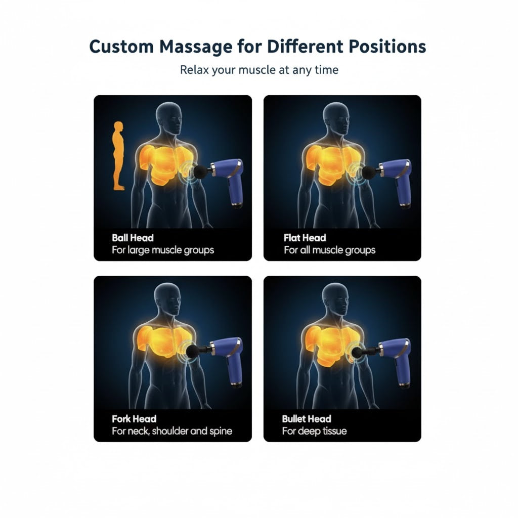 An ergonomic, long-handle electric massage gun designed for deep tissue relief in hard-to-reach areas like the neck, shoulders, and back. Features multiple speed settings and 4 interchangeable massage heads to target different muscle groups.
