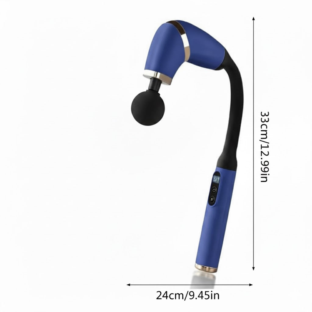 An ergonomic, long-handle electric massage gun designed for deep tissue relief in hard-to-reach areas like the neck, shoulders, and back. Features multiple speed settings and 4 interchangeable massage heads to target different muscle groups.